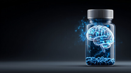 Glowing brain inside a glass jar with blue pills on a dark background