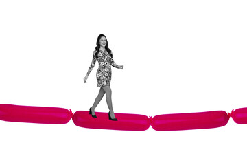 Creative drawing collage picture of young beautiful female walking sausage bridge cooking supermarket advert magazine surrealism metaphor