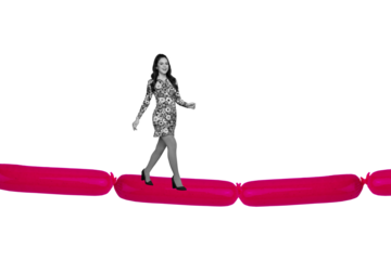 Creative drawing collage picture of young beautiful female walking sausage bridge cooking supermarket advert magazine surrealism metaphor