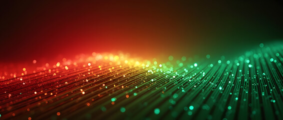 Fond fractal technologique rouge et vert de Noël — Effet néon, lignes abstraites et bokeh moderne avec prisme géométrique en design inspiré de Noël