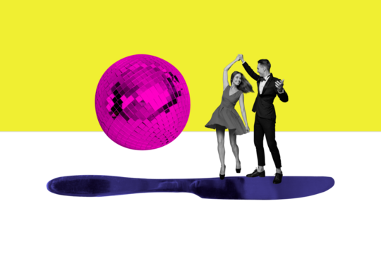 Collage 3d image of pinup pop retro sketch of cute beautiful young couple dancing together tango waltz magazine surrealism metaphor