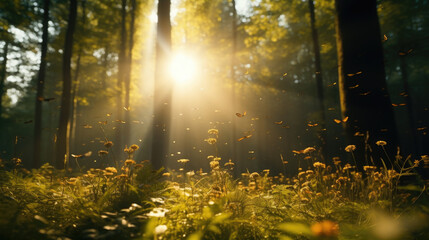 Obraz premium Bright Nature Landscape with Sunlight, Forest, and Misty Morning Atmosphere