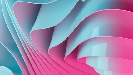Abstract wavy curved 3d render. Blue pink soft layers of plastic with lines, folds, ruffles. Modern wallpaper, texture pattern.