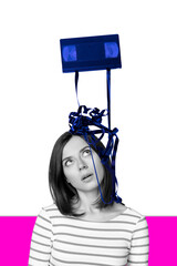 Composite collage image of sad female cassette broken tape recorder tangled confused music...
