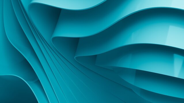 Abstract wavy curved 3d render. Turquoise soft layers of plastic with lines, folds, ruffles. Modern wallpaper, texture pattern.