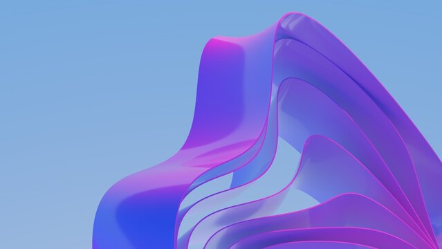 Abstract wavy curved 3d render. Violet soft layers of plastic with lines, folds, ruffles. Modern wallpaper, texture pattern.