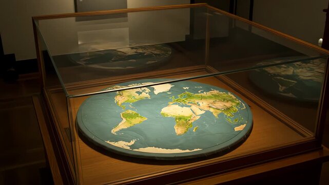Flat earth a flat earth model is displayed in a glass case, showcasing the continents and oceans as depicted in this ancient theory