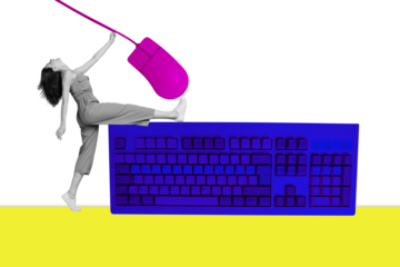 Creative poster collage of funny crazy female pink wired mouse blue keyboard pc remote worker bizarre unusual fantasy billboard comics