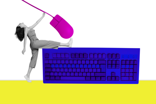 Creative poster collage of funny crazy female pink wired mouse blue keyboard pc remote worker bizarre unusual fantasy billboard comics