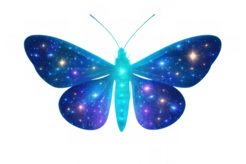 Luminous blue butterfly featuring cosmic wing pattern, starry design shimmering against transparent backdrop