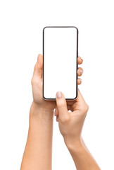 Female hands holding smartphone with blank screen, scanning fingerprint to unlock device