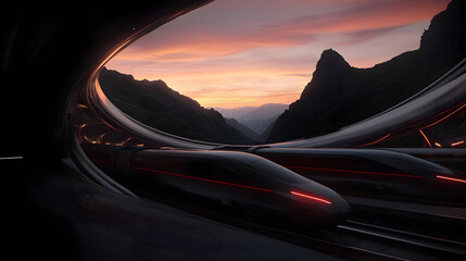 Futuristic High-Speed Train Through Dark Tunnel at Sunset