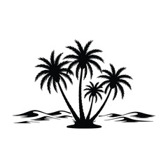 Obraz premium Desert Oasis with Palm Tree Silhouette, Vector, Illustration, Outline, Line Art, Icon, White Background.
