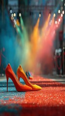 Bright high heels on a runway during a fashion show with colorful lighting at night