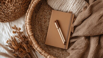 A cozy flat lay of a woven basket containing a brown notebook and pens, surrounded by dried flowers and a textured beige fabric.