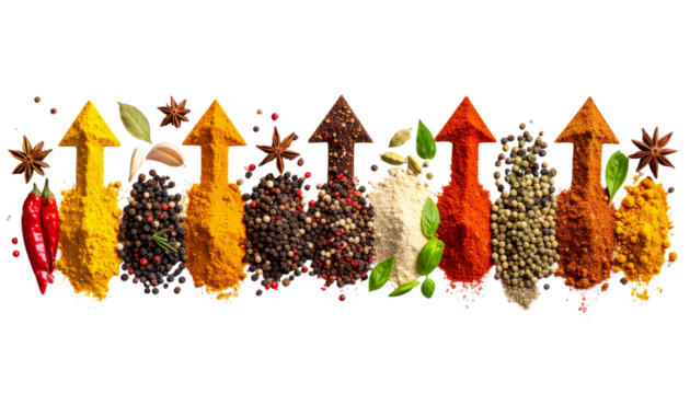 Vibrant spice ingredients pointing upward, symbolizing culinary innovation and market expansion Png