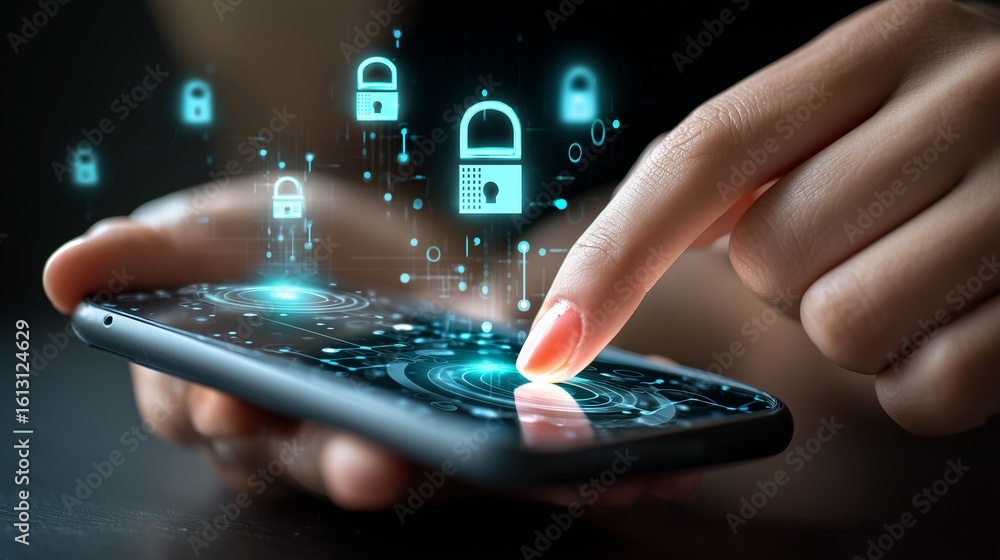 Poster close-up of a hand using a mobile phone for hacking via public wi-fi, with digital locks and padlock