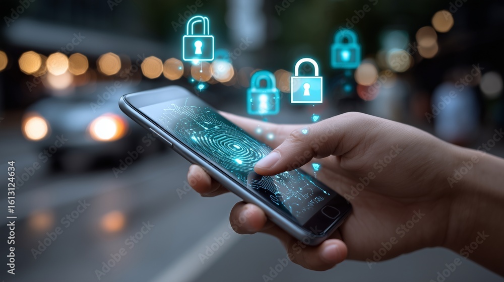 Poster close-up of a hand using a mobile phone for hacking via public wi-fi, with digital locks and padlock