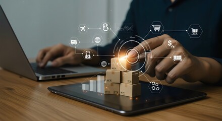 Hand with Stylus Interacting with E-commerce and Shipping Icons Above Stacked Boxes, Digital Logistics Management