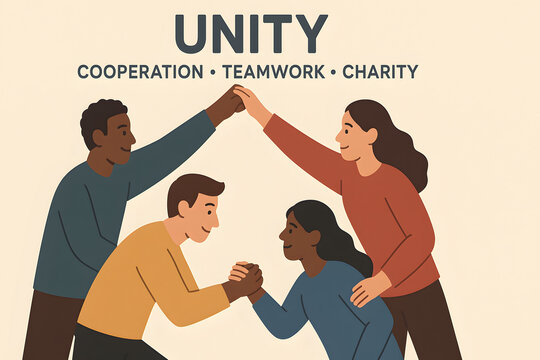 Diverse group of people joining hands together forming symbolic human bridge illustration, concept of unity cooperation teamwork and charity, multicultural community support collaboration, social equa
