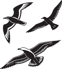 Obraz premium Artistic silhouette of seagulls in flight against the sky, featuring the word 