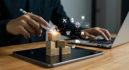 Hand with Stylus Interacting with E-commerce and Shipping Icons Above Stacked Boxes, Digital Logistics Management