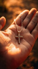 A hand gently holds a silver crucifix pendant, bathed in warm, golden light creating a serene and reflective atmosphere.