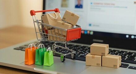 E-commerce Growth, Miniature Shopping Cart with Boxes and Bags on Laptop Keyboard Representing Online Retail and Delivery, online shopping and delivery concept