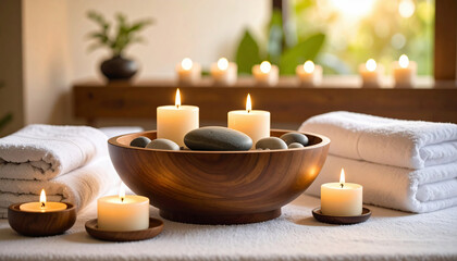 Candles and smooth stones in a wooden bowl create a serene spa atmosphere, surrounded by soft towels and natural light.