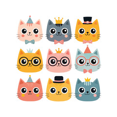 Cute cartoon cat faces with hats and accessories