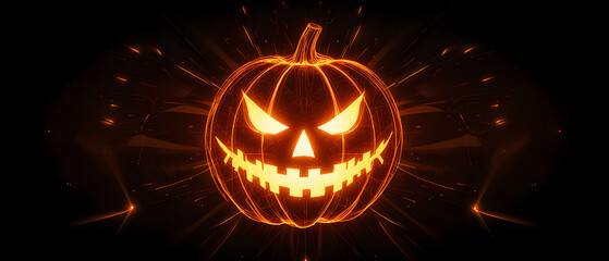 Fond fractal orange et noir inspiré de Jack-o'-Lantern — Design abstrait et technologique avec effets néon, bokeh lumineux et lignes géométriques pour une ambiance Halloween moderne