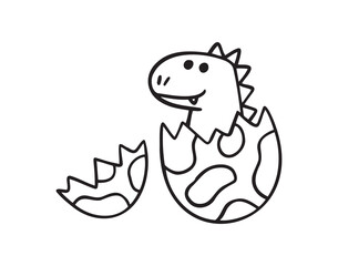 Cute dinosaur or dino hatches from broken egg. Outline hand drawn doodle cute line dinosaur simple childish sketch style. dinosaur icon, print design for baby, kids