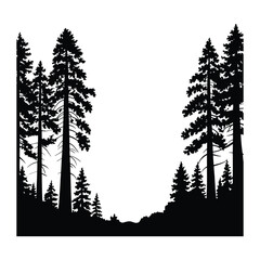 Redwood Trees with Fog Silhouette, Vector, Illustration, Outline, Line Art, Icon, White Background.