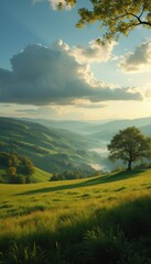 Obraz premium Serene landscape with a single tree in rolling green hills