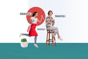 Composite collage image of funny positive female hairdresser spa salon professional worker client enjoy hairdo magazine surrealism metaphor