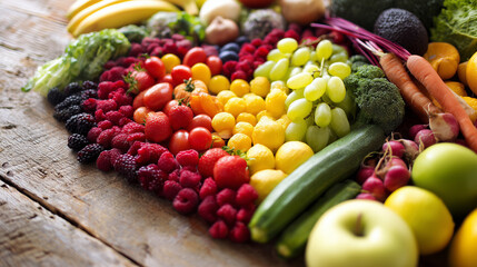 Fresh vegetables and fruits arranged in a heart shape on a rustic wooden surface, bathed in warm natural light.