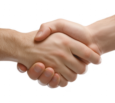 Two men shaking hands against transparent background signifying agreement partnership or success