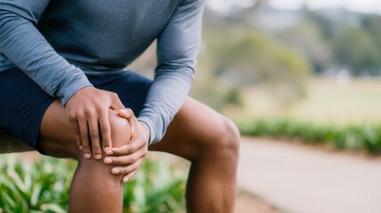 Close up of male athlete holding his knee in pain after sustaining an injury while exercising outdoors in a park