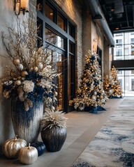 Corporate Holiday Marketing with Christmas decorations in a modern office, festive yet professional vibe ai business forecast futuristic business analysis holographic data visualization