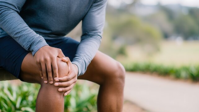 Close up of male athlete holding his knee in pain after sustaining an injury while exercising outdoors in a park