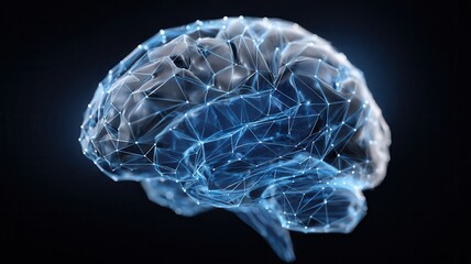 Polygonal brain glowing on dark background, symbolizing artificial intelligence, deep learning and neural network