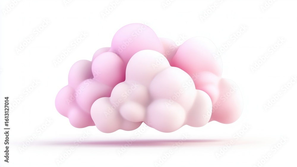 Poster pink fluffy cloud levitating against pristine white backdrop, rendering soft geometric forms suggest