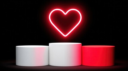 A vibrant image featuring three cylindrical pedestals with a glowing red heart neon sign above, set against a dark background, Perfect for themes of love, celebration, and promotions,