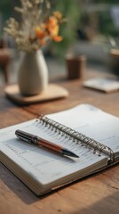 An open spiral notebook with a pen resting on it sits on a wooden table, softly lit with a blurred vase of dried flowers in the background.