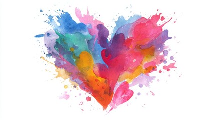 A vibrant watercolor painting of a heart shape formed by splashes of multiple bright colors blending together.