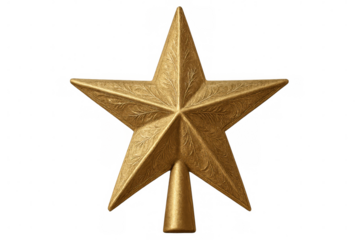 Golden christmas star ornament gleaming with holiday festivity, sparkling against transparent backdrop