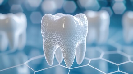 Microscopic view of a futuristic tooth implant growing and regenerating itself on a nanotechnological surface