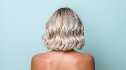 Fototapeta premium Wavy haired blonde model posing gracefully, highlighting natural beauty against vivid turquoise backdrop with confident style