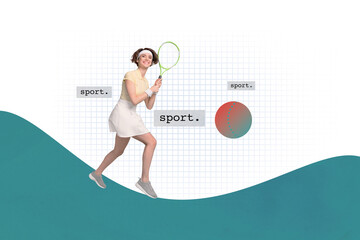 Creative poster collage of funny young female professional skilled tennis player racket energetic...