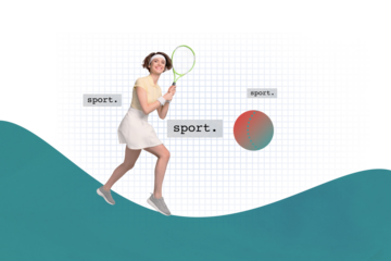 Creative poster collage of funny young female professional skilled tennis player racket energetic have fun magazine surrealism metaphor